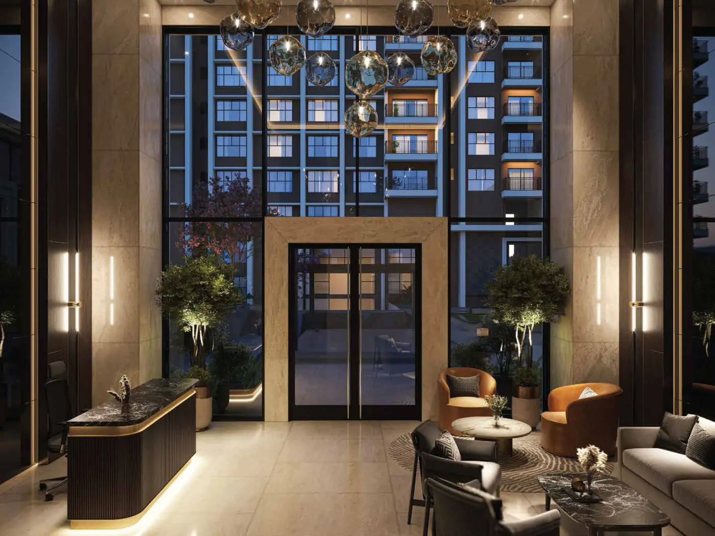 Grand clubhouse lobby entrance with elegant lighting