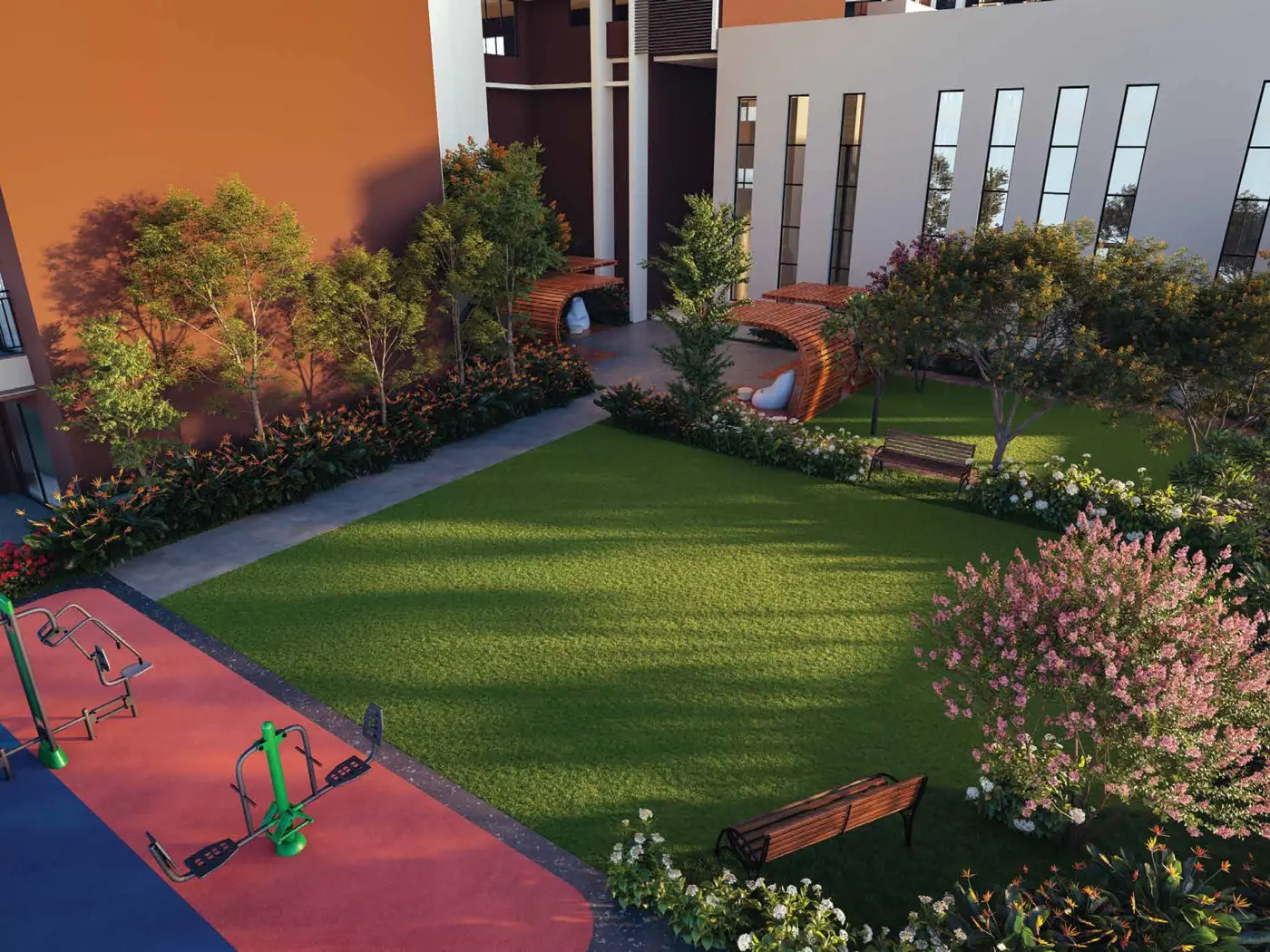 Landscaped inner courtyard between the tower wings