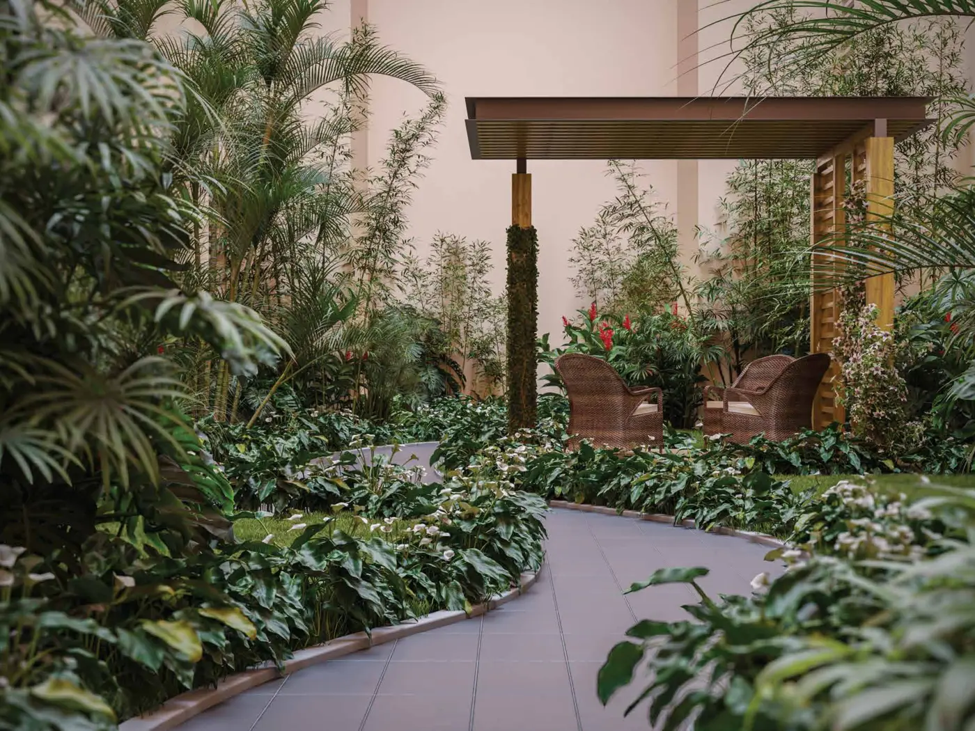 Shaded garden pergola lounge seating area