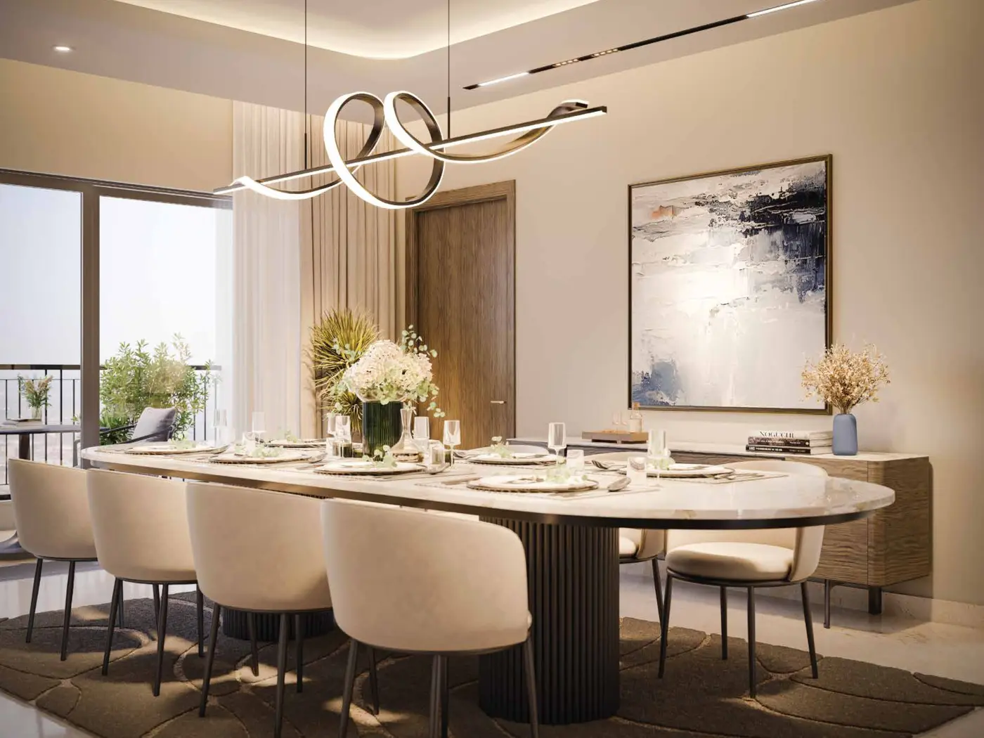 Elegant dining area interior with river-facing balcony