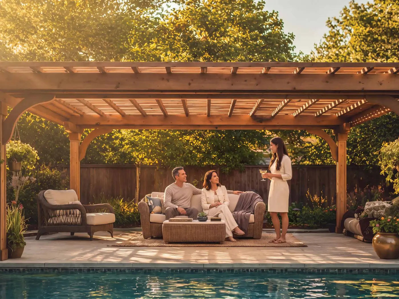Shaded poolside pergola lounge seating area