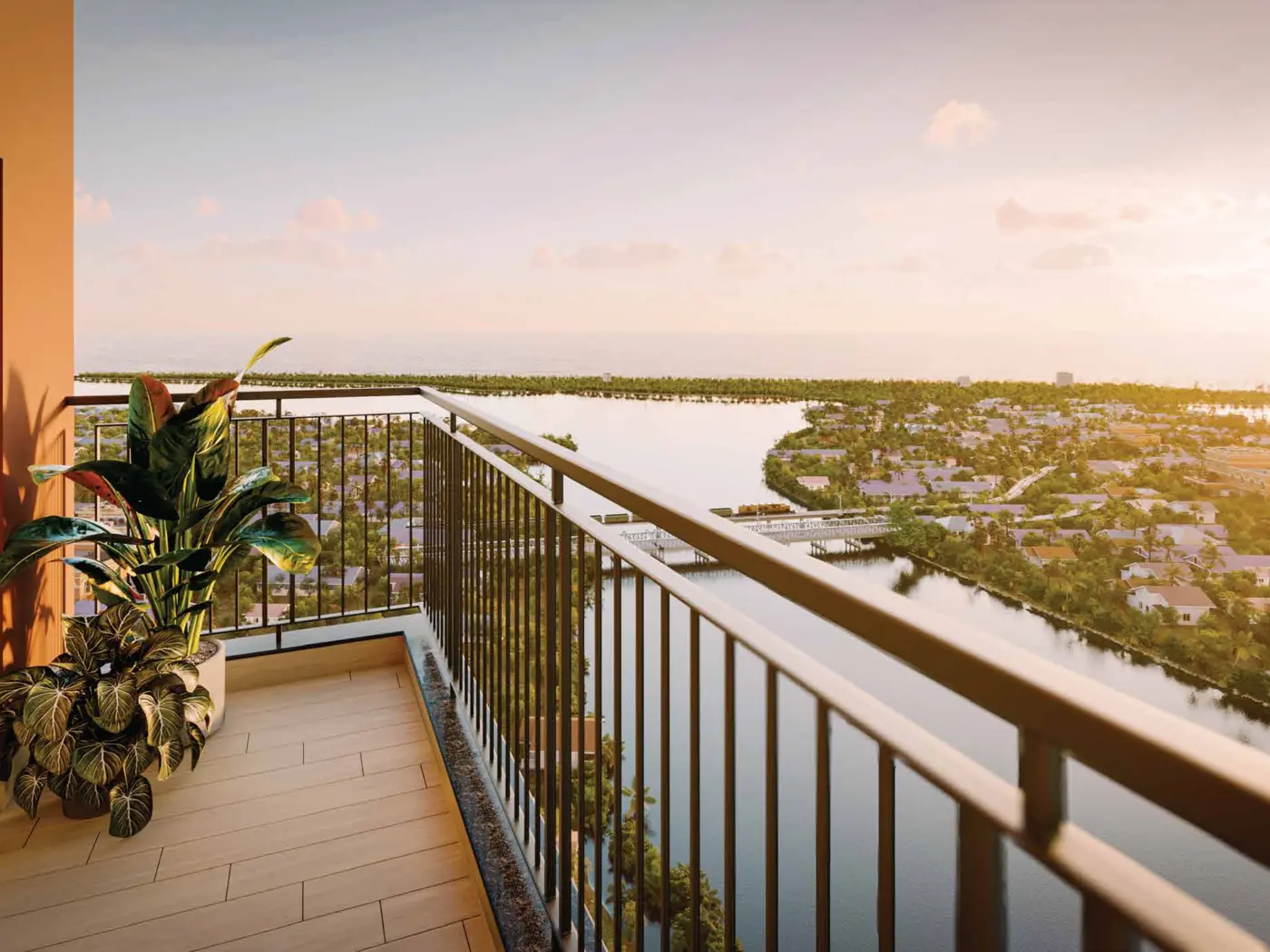 Private balcony overlooking a winding river at sunset