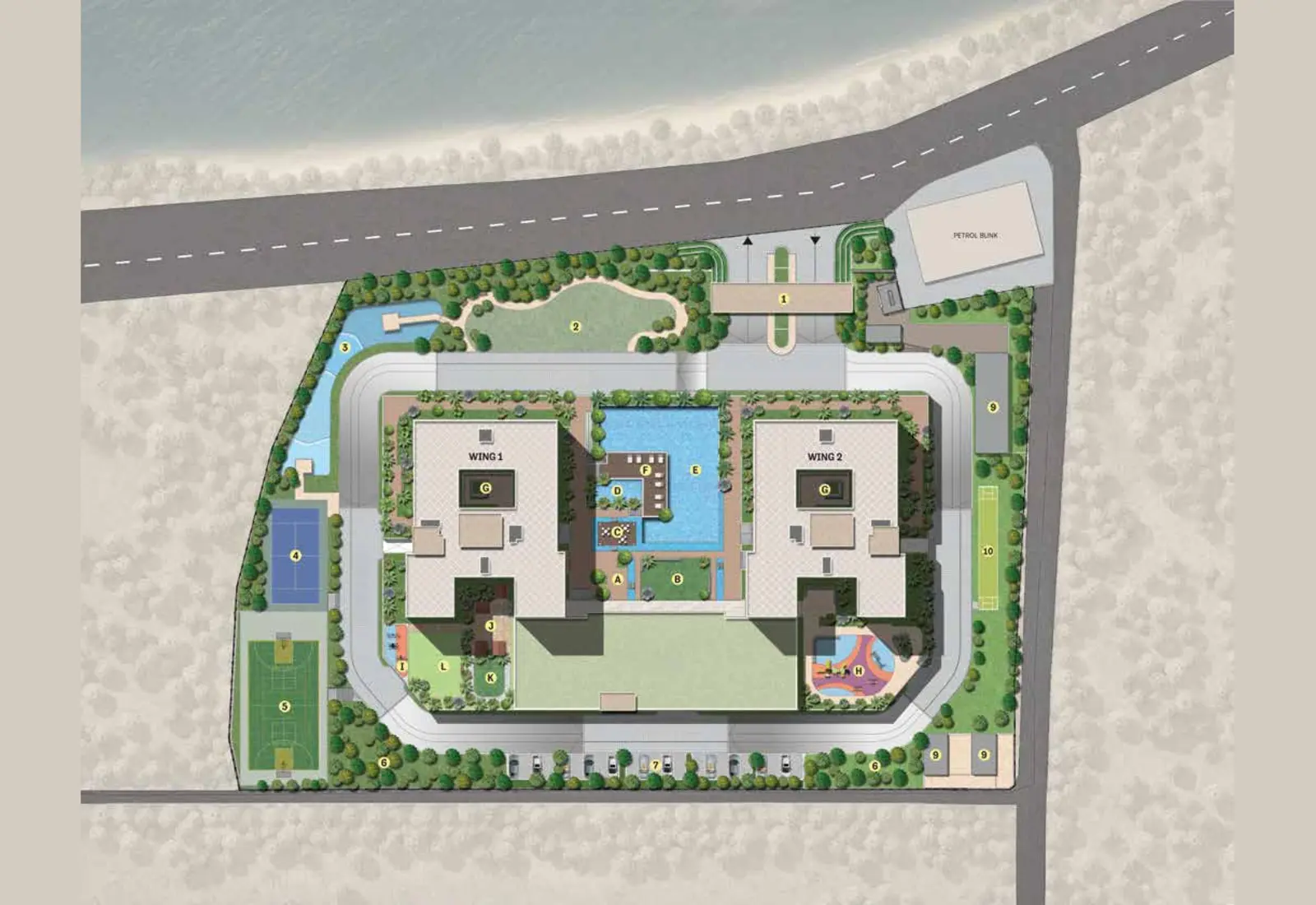 Site master plan of SOBHA Bellevue showing tower wings, pool, courtyard and amenities layout